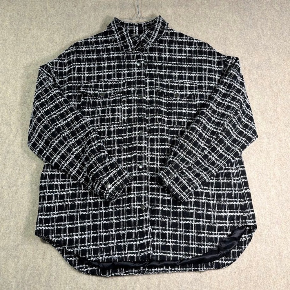 Tweed Shacket Womens XL Black White Polyester Plaid Oversized Lined Outdoor